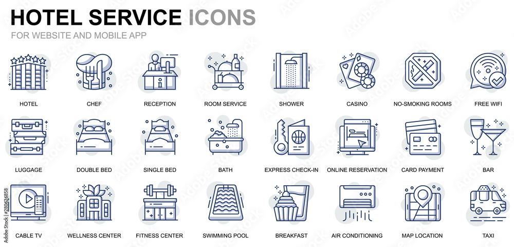 Poster simple set hotel services line icons for website and mobile apps. contains such icons as luggage, re