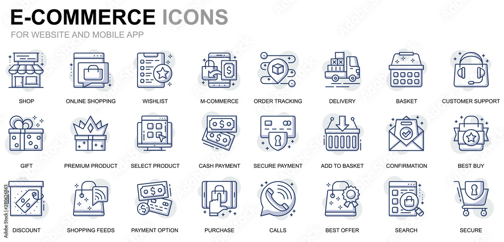 Poster simple set e-commerce and shopping line icons for website and mobile apps. contains such icons as de