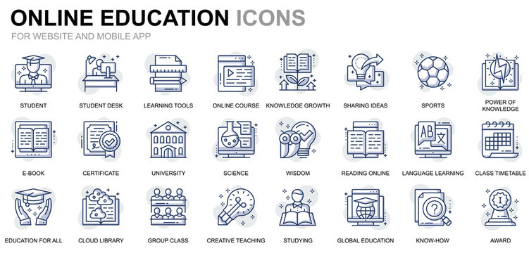 Simple Set Education And Knowledge Line Icons For Website And Mobile Apps. Contains Such Icons As Online Course, University, Studying, Book. Conceptual Color Line Icon. Vector Pictogram Pack.