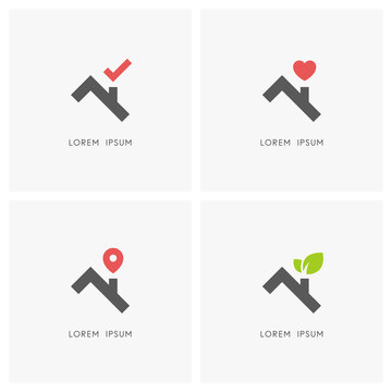 Roof logo set. House or home with chimney, check mark, heart, place pointer and leaves symbol - real estate and realty, love and family, ecology and green building icons.