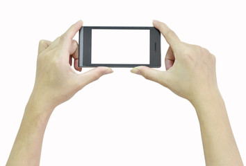 Female hand holding modern smart phone with white screen on white background.