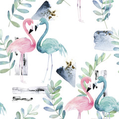 Abstract seamless pattern with watercolor pink and blue flamingos. Hand drawn illustration. Marble and geometrical elements