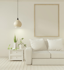 Interior mock up poster with sofa and decoration plants in living room with white wall. 3D rendering