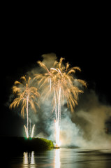Colorful fireworks. Fireworks are a class of explosive pyrotechnic devices used for aesthetic and entertainment purposes. Visible noise due to low light, soft focus, shallow DOF, slight motion blur