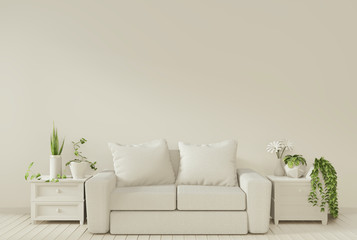 Interior mock up poster with sofa and decoration plants in living room with white wall. 3D rendering