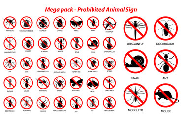 set of various insect and animals prohibited in silhouette, with insect name.   easy to modify