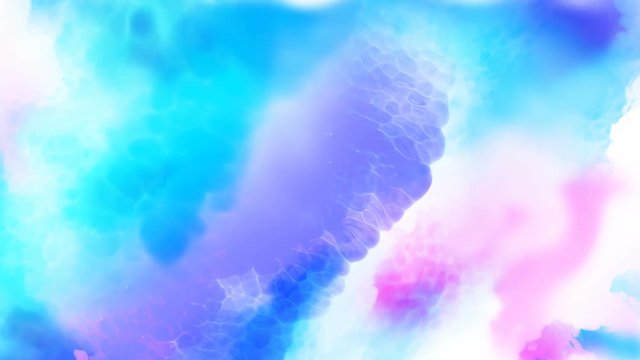 Beautiful light blue spots appear on a white background. Light cyan and pink paints spread on paper forming a drawing abstract.