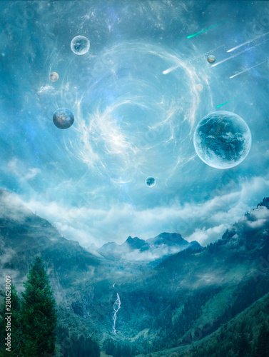 Fantasy Landscape With Planets And Nebulas Stock Photo And