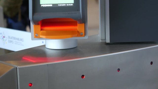 Check on e-pass system. Media. Turnstile with card reader. Electronic checkpoint. Access control system