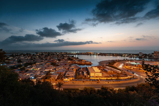 High angle view of a city at dawn, Angola