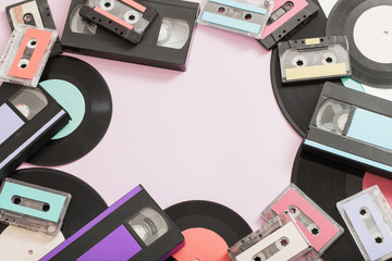 Collection of music tapes, records and video cassettes on paper
