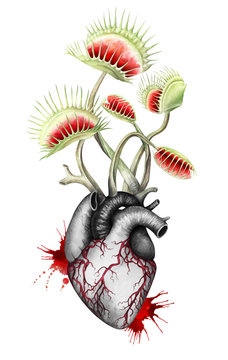 Hungry heart with fly traps isolated on white. Watercolor illustration.