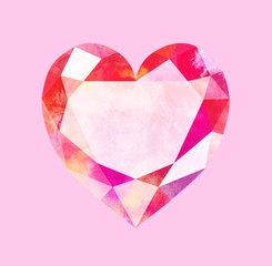 Diamond heart isolated on pink. Watercolor illustration of low poly heart.