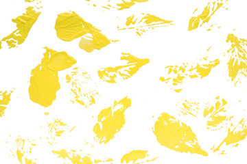 leaves in yellow paint on white paper. Isolate Concept autumn...