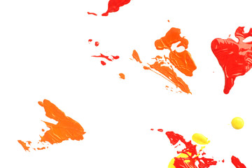 Background and texture blots of red, orange and yellow paint on white paper. Isolate.