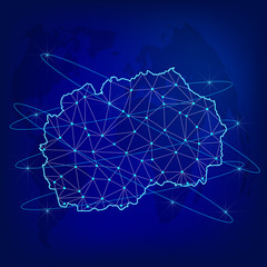 Global logistics network concept. Communications network map North Macedonia on the world background. Map of North Macedonia with nodes in polygonal style. Vector illustration EPS10. 