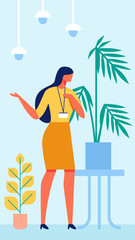 Woman in Yellow Dress with Badge Around Neck.