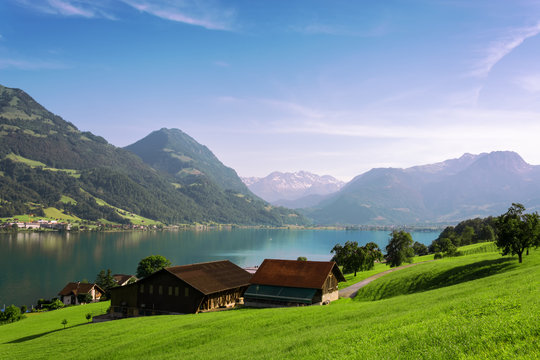 Scenic landscape in in central Switzerland. Lake Sarnersee.