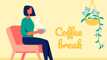 Woman with Short Black Hair. Coffee Break. Vector.
