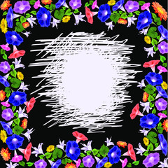 Background frame for inscriptions careless chaotic lines in a frame of flowers on a black background erased eraser place in the center