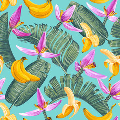 Seamless pattern with Banana leaves, fruits and flowers in realistic style with high details. Tropical elements on bright turquoise background for, poster, patterns, wallpapers, T-Shirt prints.