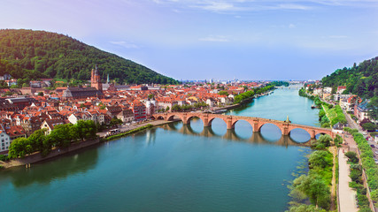 Aerial Capture of Heidelberg Old Town with Neckar River and Old Bridge or Karl Theodor Bridge