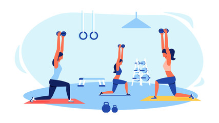 Three Women in Tracksuits Doing Exercises in Gym.