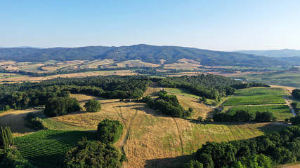Naklejka premium Aerial view of Tuscany landscape, Val d’Orcia, Italy. Golden and green glades, road with cypress trees at sunset.