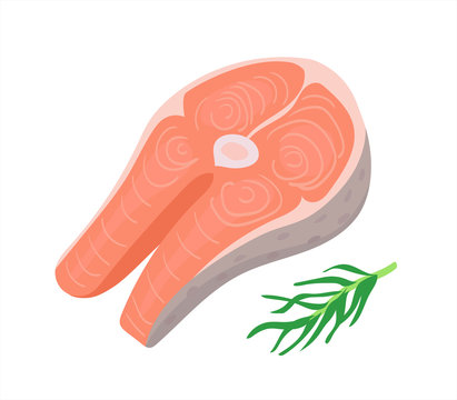 Fresh raw salmon steak vector image drawn in flat cartoon style. Fish steak with rosemary leaves illustration isolated on white background. Omega 3 essential oil rich seafood. Menu item concept.