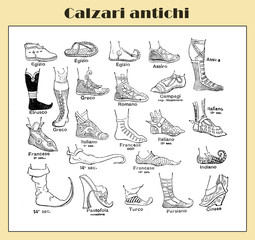 Obraz premium History of antique footwear from Egyptian times, illustrated table with Italian descriptions from a lexicon early '900