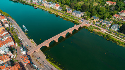 Aerial Capture of Heidelberg Old Town with Neckar River and Old Bridge or Karl Theodor Bridge