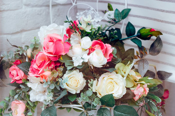 close up wedding decoration bouquet of artificial flowers