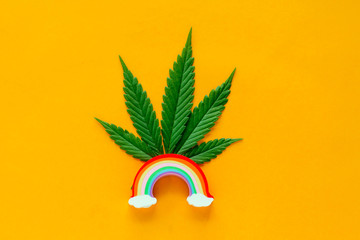 top view flat lay marijuana green leaf with colorful rainbow ,colourful summer greeting card