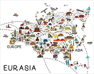 Naklejka premium Eurasia Map.Eurasia travel guide.Travel Poster with animals and sightseeing attractions.