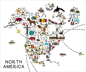 Cartoon map of North America. North America travel guide.
