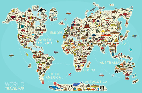 World Travel Line Icons Map. Travel Poster with animals and sightseeing attractions. © moloko88