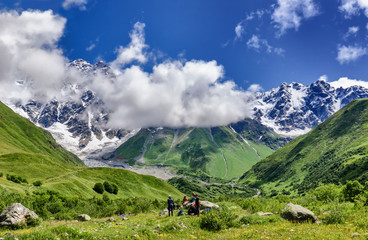 Fototapeta na wymiar Georgia, Svaneti, Trek from Ushguli to Shkhara glacier. Beautiful view of valley, multi-colored ,Nature and travel.