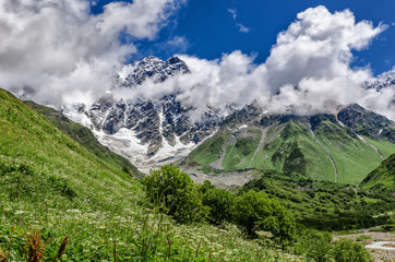 Georgia, Svaneti, Trek from Ushguli to Shkhara glacier. Beautiful view of valley, multi-colored ,Nature and travel.