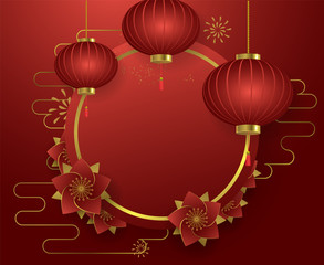 Chinese lanterns and flowers on red background