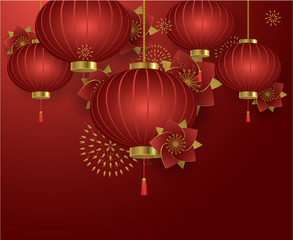 Chinese lanterns and flowers on red background