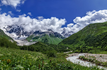 Georgia, Svaneti, Trek from Ushguli to Shkhara glacier. Beautiful view of valley, multi-colored ,Nature and travel.