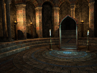 Fantasy Magic Mirror Room with Torchieres View 2, 3D illustration, 3D rendering
