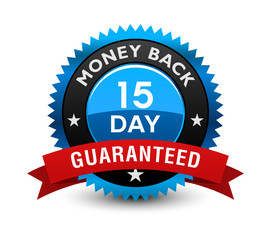 Excellent blue colored 15 day money back guaranteed seal, badge with red ribbon isolated on white background.