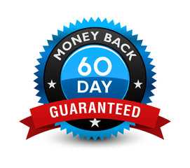 Excellent blue colored 60 day money back guaranteed seal, badge with red ribbon isolated on white background.