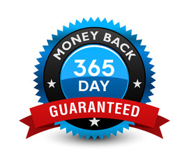 Excellent blue colored 365 day money back guaranteed seal, badge with red ribbon isolated on white background.