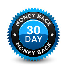 Excellent blue colored 30 day money back guaranteed seal, badge isolated on white background.