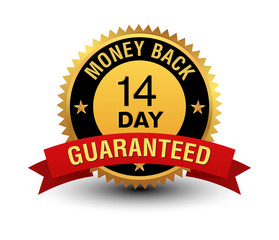 Heavy powerful high quality golden 14 day money back guaranteed badge, seal, stamp, sign with red ribbon isolated on white background. 