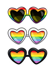 Color vector lgbt poster of a glasses in plastic frame. Set of heart shape sunglasses with rainbow lenses. Old fashion glasses in the rainbow colors isolated from the white background