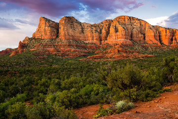 Beautiful red rock formation illuminated by sunset above a contrasting landscape of green juniper and shrubs under a colorful sky - Sedona, Arizona