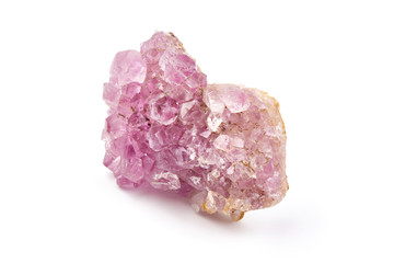 Violet Crystal Stone macro mineral. Purple quartz crystals, isolated on white background